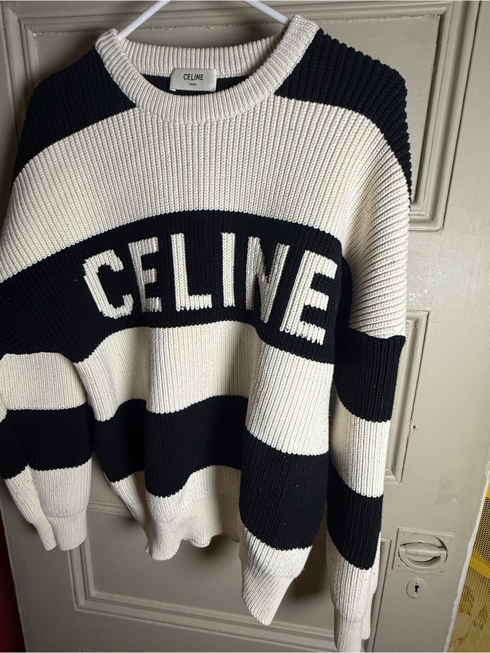 Celine Black and Cream Striped Logo Knit Sweater